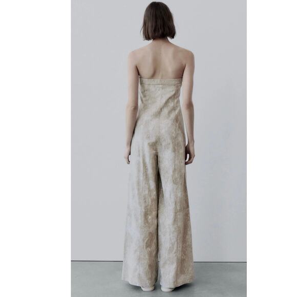 Zara Linen Blend Jumpsuit Large printed strapless wide leg metallic BLOGGER FAV - Picture 12 of 12